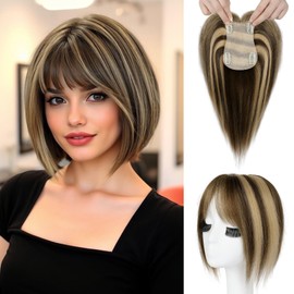 REECHO Human Hair Topper with Bangs for Women Real Human Hair Natural Hairpiece for Daily Wear, Chestnut Brown with Highlights