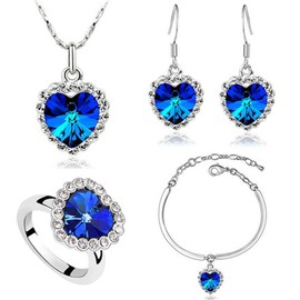AILUOR Titanic Heart of The Ocean Necklace Earrings Bracelet and Rings Jewelry Set, Silver Created Blue Sapphire Crystal Necklace Pendants Wedding Prom Jewelry (Blue)