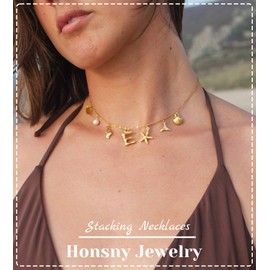 Honsny Initial Charm Necklace for Women Beach Shell Letter Necklace 14k Gold Plated Charms Pendant Summer Boho Pearl Seashell Starfish WaterProof Jewelry for Women Gifts