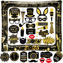 New Year's Eve Decoration 2024 Inflatable Photo Frame Pack of 32 Photo Props New Year Party New Year's Eve Photo Accessories Glitter Gold Black Happy New Year 2024 Decoration