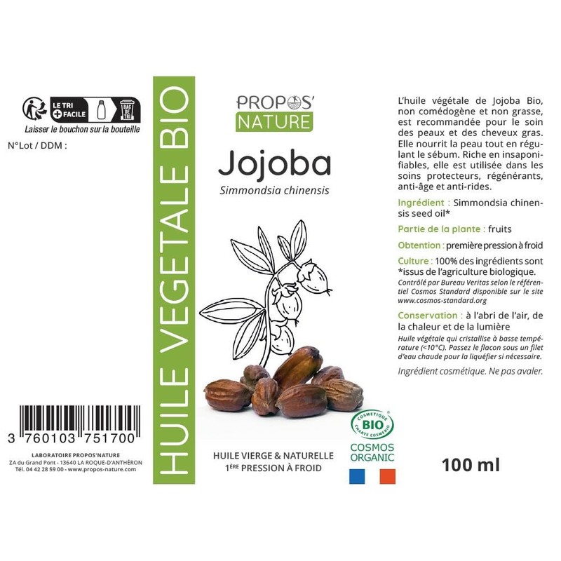 PROPOS'NATURE Jojoba Organic Vegetal Oil, 100 ml