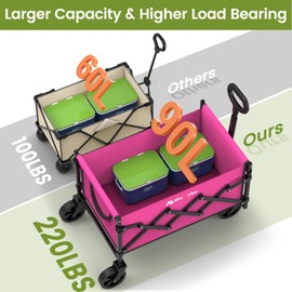 Collapsible Wagon with Wheels, 220 lbs Wagons Carts Foldable Wagon Cart with Flexible Handle, Lightweight Portable Folding Utility Grocery Shopping Cart for Grocery Sports Garden Camping, Pink