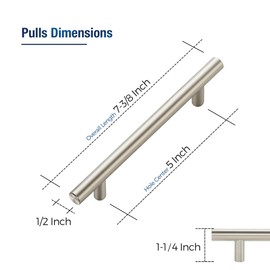 JOY DECOR 3 Pack Cabinet Handles, Brushed Nickel Cabinet Pulls, 5 in Hole Center Kitchen Cabinet Handles, Stainless Steel T Bar Handles for Dresser Drawers