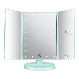deweisn Tri-Fold Lighted Vanity Tabletop Mount Mirror with 21 LED Lights, Touch Screen and 3X/2X/1X Magnification, Two Power Supply Mode Make up Mirror,Travel Mirror