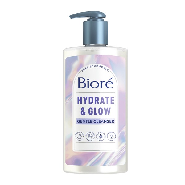 Biore Hydrate & Glow Gentle Face Wash for Dry Skin, Sensitive Skin, Dermatologist Tested, Fragrance Free, SLS/SLES Sulfate Free Facial Cleanser, Cruelty Free & Vegan Friendly 6.77 Oz Bottle