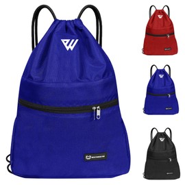 WESTWOOD FOX WFX Drawstring Bag Waterproof Sports Gym Backpack for Women Men PE Bag Outer Pocket Zipper School Beach Holiday Swimming, blue