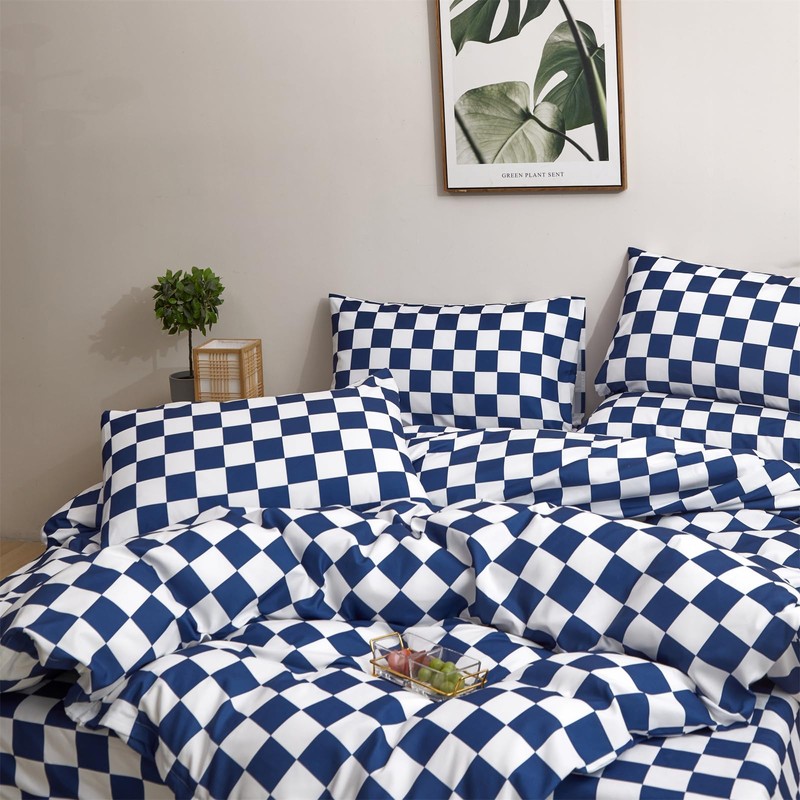 CLOTHKNOW Blue White Plaid Queen Comforter Set 3Pcs Grid Bedding