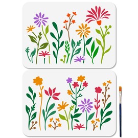 MAYJOYDIY Pack of 2 Flower Stencils Wild Flowers Leaves Stencils for Painting 29.7 x 21 cm Reusable Flower Garden Craft Templates with Brush for DIY Work on Wooden Walls and Home Decoration