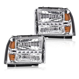 G-PLUS LED DRL Headlights Point Style, Compatible with 2005 2006 2007 Ford F250 F350 F450 F550 Super Duty Headlamp Driver and Passenger Side, Clear lens Chrome Housing Amber Reflector