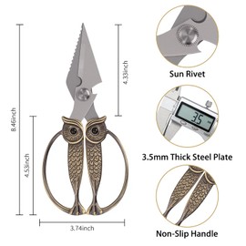 WARMHEART Owl Kitchen Scissors All Purpose, Stainless Steel Heavy Duty Sharp Shears for Meat, Chicken, Fish, Poultry, Herb, Bread (Light Gold, Large)