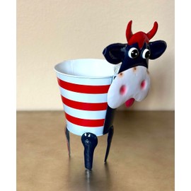 Americana Planter Red White & Blue Rustic Metal Farmhouse Decor Indoor Outdoor Metal Large Shelf Kitchen Patio Garden Flowers Holder (Cow)