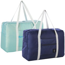 Foldable Travel Duffel Bag 2PCS Tote Carry on Luggage Bag Spirit Airlines Personal item Sports Gym Bag Water Resistant Weekender Overnight Bags for Women and Men (Green+Blue)