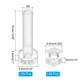 PATIKIL M3x15mm Clear Acrylic Screws and Hex Nuts Kit, 50 Set PC Plastic Phillips Round Head Bolts for Machine Accessories, Transparent