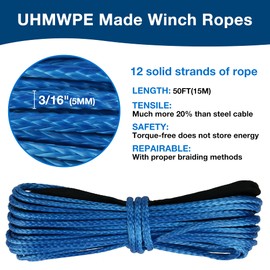 WROUGH 3/16 in x 50 ft Synthetic Winch Rope with Protecting Sleeve and Thimble, 8,350 lb Break Strength - Heavy Duty Winch Rope for ATV, UTV, Boat Trailer, Jeep, Quad, Polaris, Winch Cable (Blue)