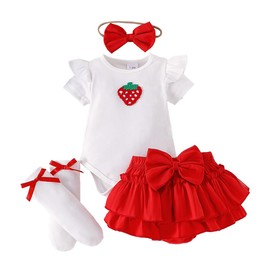 LUVCES Newborn Baby Girl Summer Outfit Ruffle Short Sleeve Romper + Bowknot Bloomers Tutu Skirt Shorts + Headband + Socks Cute Clothing Set, Style C: Red Strawberry, 6-9 months