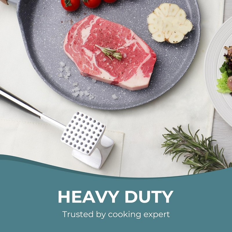 Meat Tenderizer Stainless Steel - Oversized Kitchen Mallet, Soft Grip