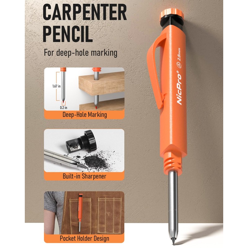 Nicpro Upgraded 3-IN-1 Carpenter Pencils Set with Finger Grip, 1Pcs