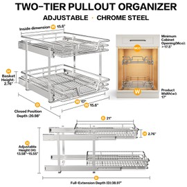 QUYUWU 2-Tier Kitchen Cabinet Pull Out Cabinet Organizer,Shelf and Drawer Organizer Slide Out Pantry Storaqe Basket in Multiple Sizes (17" W x 21" D)