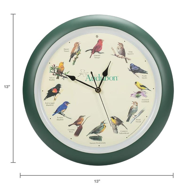 Mark Feldstein, Audubon Singing Bird Wall Clock, 13 Inch, Green
