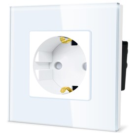 TAWOIA Schuko Socket Flush-Mounted, EU Standard 1-Way Socket Glass, Single Wall Socket with Crystal Glass Plate, White, 86 x 86 mm