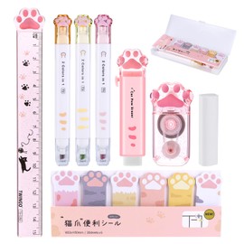 Partideal 9pcs Cute Cat Paw Stationery Set, Kawaii Cartoon Pencil Cases Double-Ended Highlighter Correction Tape Cube Retractable Erasers Ruller Sticky Notes Eraser Replacement Core School Supplies
