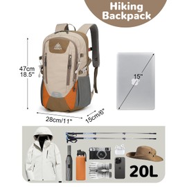 Outplea 20L Small Hiking Daypack Men Women, Multi-Pocket Travel Backpack, Reflective Hiking Daypack with Chest Strap, Rucking Backpack for Outdoor Sport, Khaki