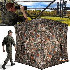 Hunting Blind with Carrying Bag, 360 Degree See Through Ground Blind, Pop Up Hunting Blind Portable Concealed Camouflage Tent for Deer and Turkey for 3-4 Person