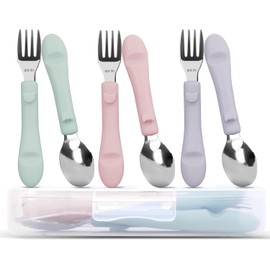Bakpoco 6 piezas de cubiertos para niños pequeños, tenedores y cucharas de acero inoxidable 316 con mango de silicona para bebés, cubiertos de plata para niños sin BPA, aptos para lavavajillas con