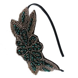 Lurrose Rhinestone Flapper Headband Beads Flower Hair Hoop Vintage Headband for Wedding Tea Party (Green)