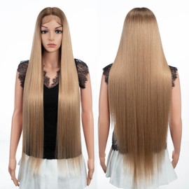 Joedir 34" Long Yaki Straight Lace Front Synthetic Wigs Middle Part HD Transparent Glueless Lace Wig Heat Resistant Fiber Pre Plucked Hairline with Baby Hair Wig for Women(Ombre Brown to Blonde Color)