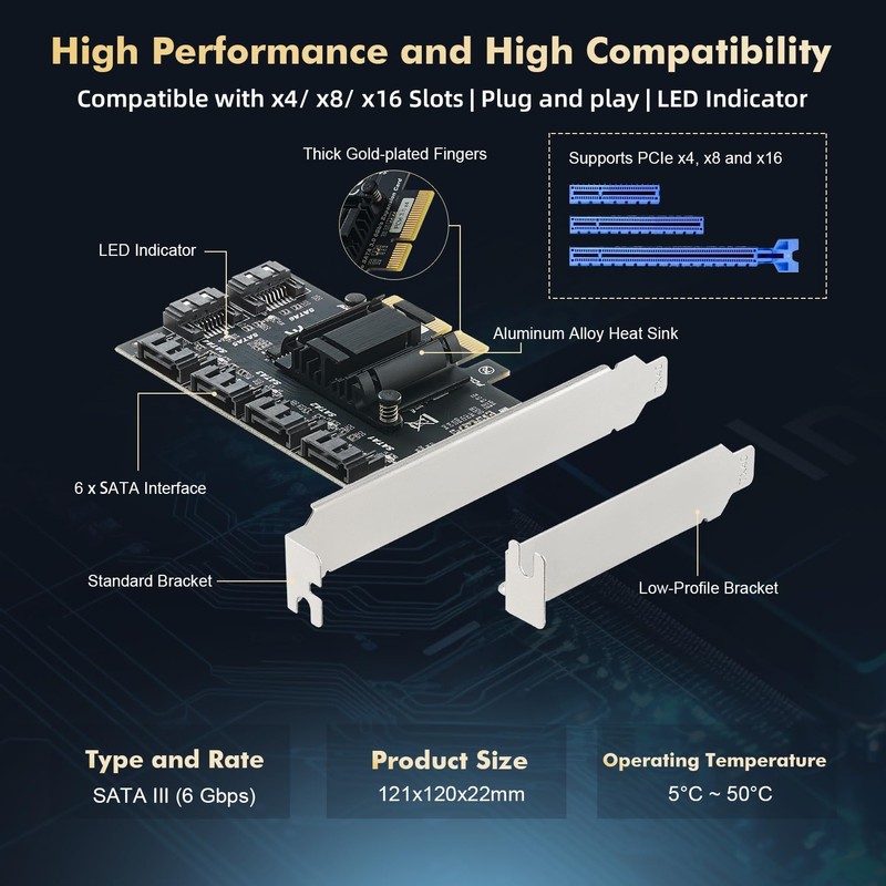 Binardat PCIE X4 to SATA Card 6 Port 6Gbps SATA