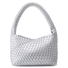 NOBLIFE Woven Bag for Women, Small Vegan Leather Summer Beach Purse, and Travel Handbags Ladies' Retro Chic Shoulder Bags, Silver, Small