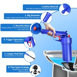 Toilet Plunger Set, Drain Clog Remover With 4 Sized Suckers, High Pressure Air Drain Blaster Gun, Tub Drain Cleaner Opener, Sink Plunger for Bathroom, Kitchen, Toilet, Floor Drain, Clogged Pipe