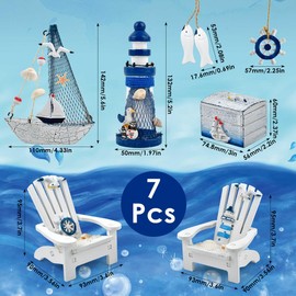 OTYMIOW 7PCS Mini Wooden Nautical Home Decor, Mediterranean Style, Wooden Mini Lighthouse, Anchor, Fish Hanging, Box, Chair, Sailboat Model for Decorating Room, Aquarium, Christmas Tree, Fish Tank