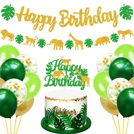 Cartel de cumpleaños de animales de la selva y decoración para tartas, safari de verano, temática salvaje para niños, suministros de fiesta de cumpleaños