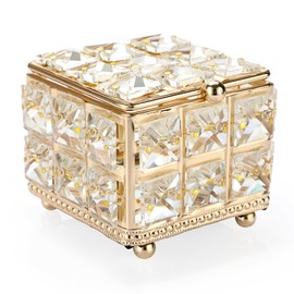 ELLDOO Crystal Jewelry Box Square Trinket Organizer with Lid Earrings Rings Vintage Treasure Keepsake Box for Valentine Wedding Dresser Bedroom Decoration,Gold