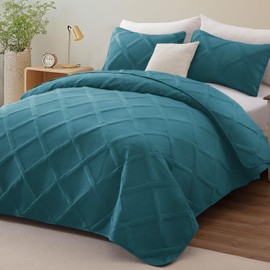 Exclusivo Mezcla Cal King Size Quilt Set with Modern Striped Pattern, 3 Pieces Summer Oversized Lightweight Teal Quilts Bedding Set, Soft Bedspreads Coverlets for All Seasons