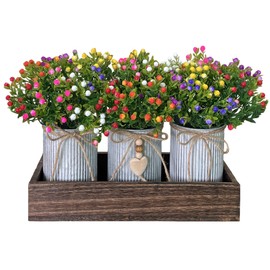 HEMYLU Table Centerpiece Decoration Artificial Flower Set with 3 Fake Milan Bouquet and Wood Tray for Desk Home Bathroom Office Décor