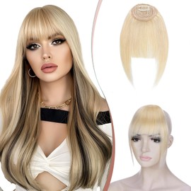Elailite Clip-In Real Hair Extensions, #613 Light Blonde, Fringe Hairpiece, Bangs, Human Hair Extensions, Natural with Temple Hairpieces, Hair Extensions for Women (French Bangs)