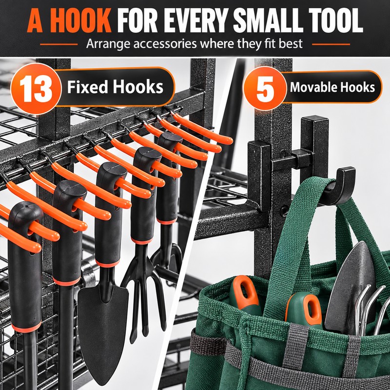 16-Slot Rolling Garden Tool Organizer Rack with 3 Shelves and