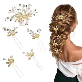 KEWUF 5 Stück Hochzeit Haarschmuck, Perlen Braut Haarnadeln Gold Brautschmuck Haare U-förmig Hochzeit Haarspangen für Frauen Mädchen