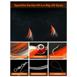 BLUEWING Fishing Rigs HI-LO Rig 3D Eyes with Sparkle Series Bucktail Mylar Flash Teaser Rig Snapper Rig with Stainless Steel Hook Orange