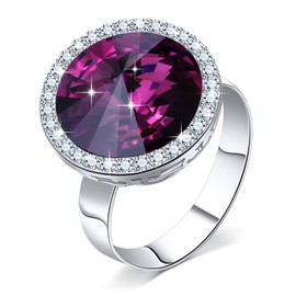 PLATO H Women Amethyst-purple Crystal Ring, February Zodiac Birthstone Big Round Brilliant Bands for Women, Jewelry Gift Anniversary Birthday