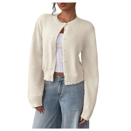 SOLY HUX Women's Button Down Long Sleeve Crewneck Crop Cardigan Sweater Cute Knitwear Clothes Solid Beige Large