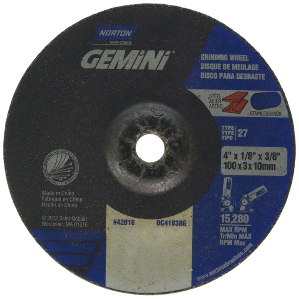 Norton Gemini Depressed Center Abrasive Wheel, Type 27, Aluminum Oxide,