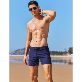 AI'MAGE - Traje de baño para hombre, de secado rápido, sexy, bolsillos con cierre, forro de malla, Azul marino, Medium Short