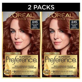 L'Oreal Paris Superior Preference 9 weeks of Luminous Fade-Defying Permanent Hair Dye, 645 Chic Auburn Brown, 100% Grey Coverage, Hair Dye Kit (Pack of 2) (Packaging May Vary)