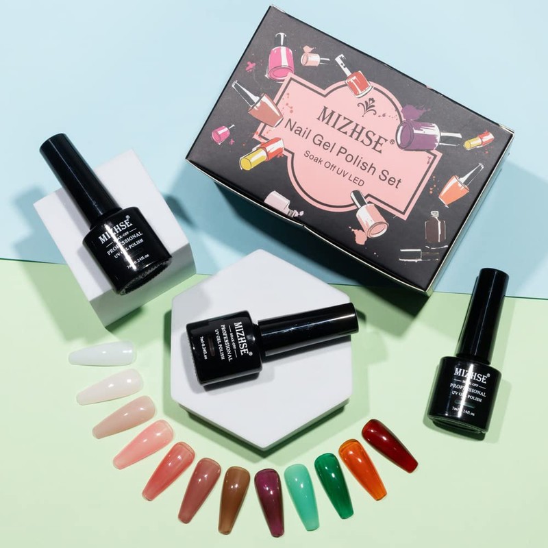 MIZHSE Jelly Gel Nail Polish Kit 12 Pcs, Clear Translucent