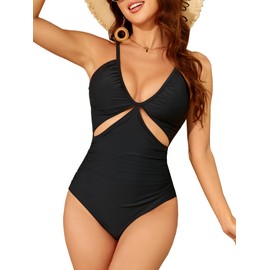 Smismivo Tummy Control Swimsuit One Piece Bathing Suit for Women Slimming V Neck Ruched Swim Suit Cutout Swimwear Black L
