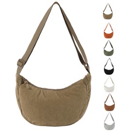 GoPaw Corduroy Crescent Bag for Women, Corduroy Cross Body Bag Women, Crossbody Dumpling Bag with Adjustable Shoulder Strap for Travelling, Work, School and Daily Use (Khaki)